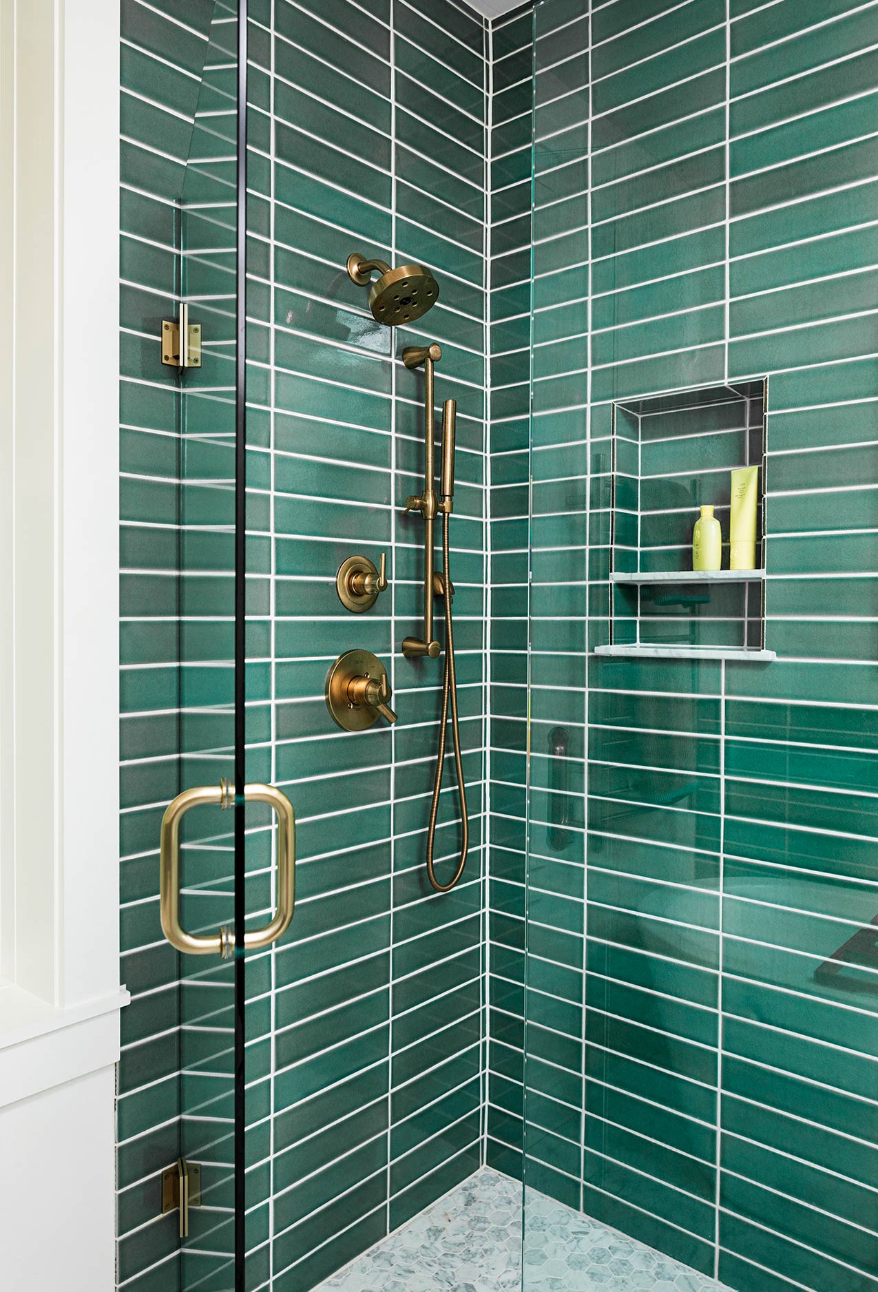 Morgan Architecture modern craftsman shower emerald green tile